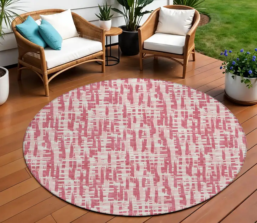 8' Blush Pink And Beige Round Abstract Washable Indoor Outdoor Area Rug Photo 1