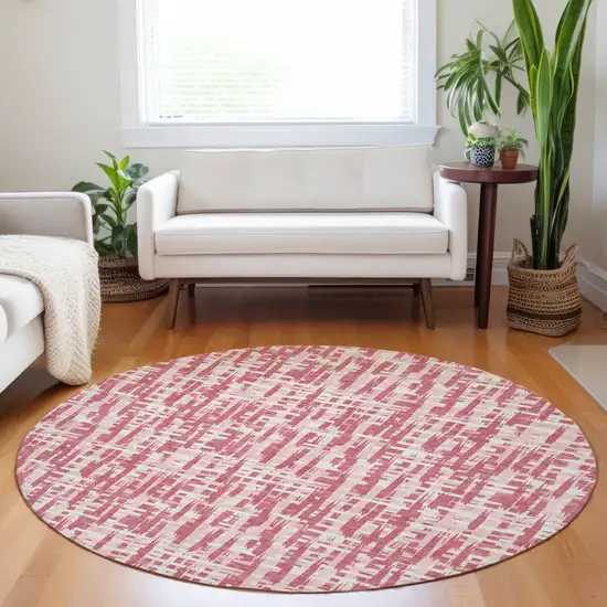 8' Blush Pink And Beige Round Abstract Washable Indoor Outdoor Area Rug Photo 9