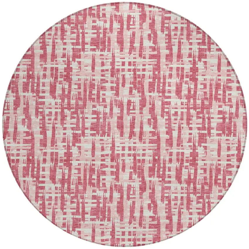 8' Blush Pink And Beige Round Abstract Washable Indoor Outdoor Area Rug Photo 7