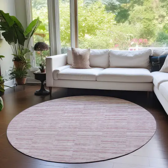 8' Blush Pink And Beige Round Striped Washable Indoor Outdoor Area Rug Photo 7