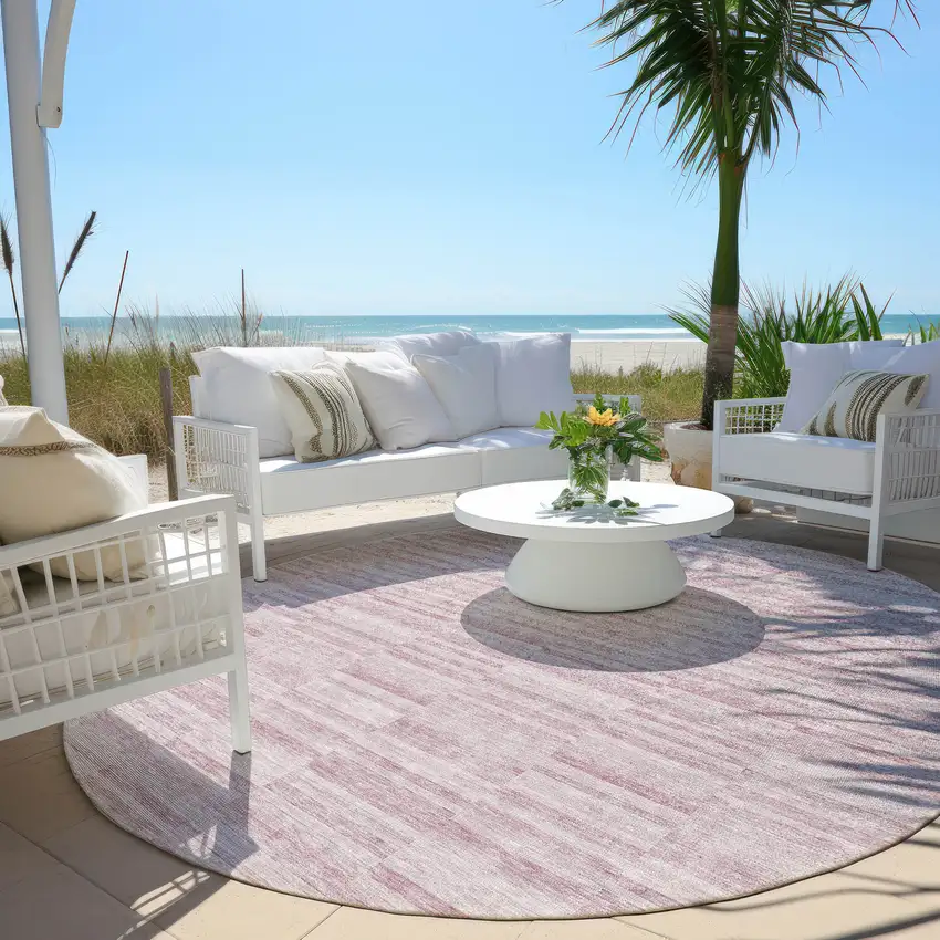 8' Blush Pink And Beige Round Striped Washable Indoor Outdoor Area Rug Photo 6