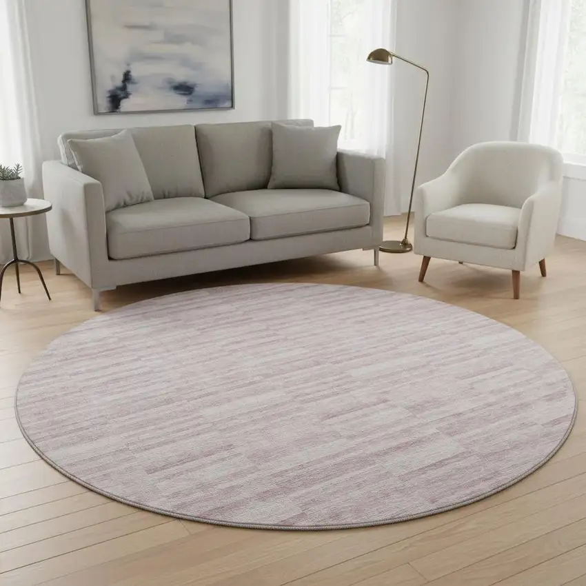 8' Blush Pink And Beige Striped Washable Round Rug With UV Protection Photo 2