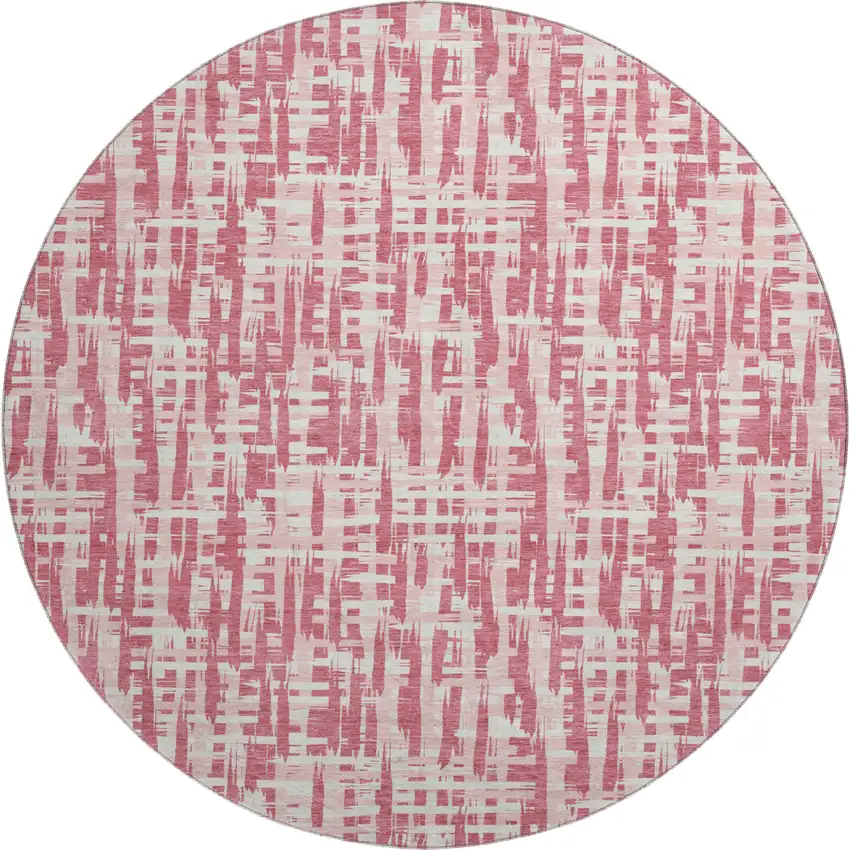 8' Blush Pink And Ivory Abstract Geometric Washable Round Rug With UV Protection Photo 1