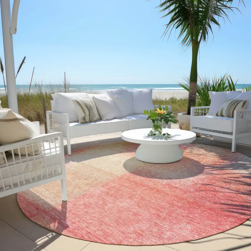 8' Blush Pink And Ivory Round Abstract Washable Indoor Outdoor Area Rug Photo 5