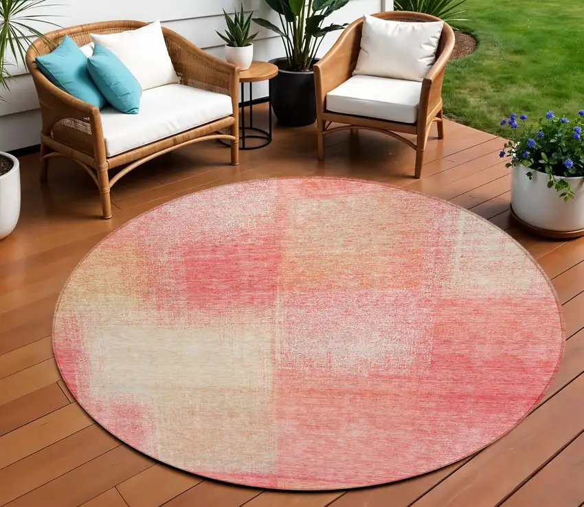 8' Blush Pink And Ivory Round Abstract Washable Indoor Outdoor Area Rug Photo 1