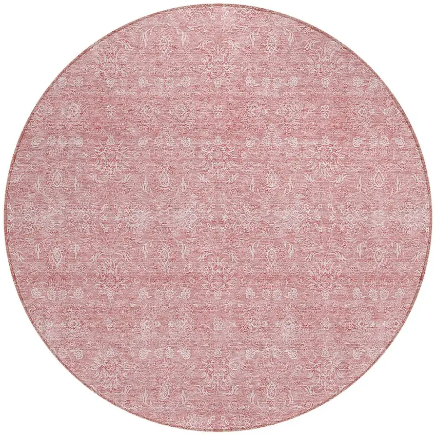 8' Blush Pink And Ivory Round Floral Washable Indoor Outdoor Area Rug Photo 4