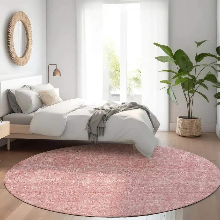 8' Blush Pink And Ivory Round Floral Washable Indoor Outdoor Area Rug Photo 6