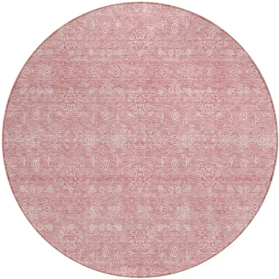 8' Blush Pink And Ivory Round Floral Washable Indoor Outdoor Area Rug Photo 1