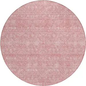 Photo of 8' Blush Pink And Ivory Round Floral Washable Indoor Outdoor Area Rug