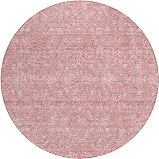 8' Blush Pink And Ivory Round Floral Washable Indoor Outdoor Area Rug Photo 1