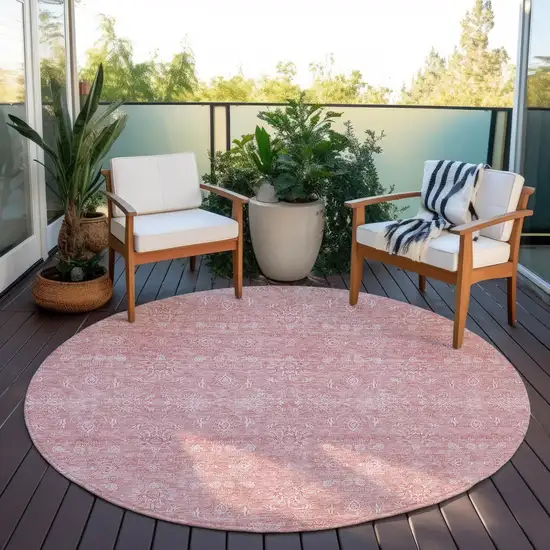 8' Blush Pink And Ivory Round Floral Washable Indoor Outdoor Area Rug Photo 5