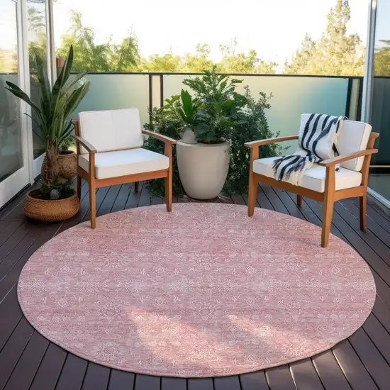 8' Blush Pink And Ivory Round Floral Washable Indoor Outdoor Area Rug Photo 5