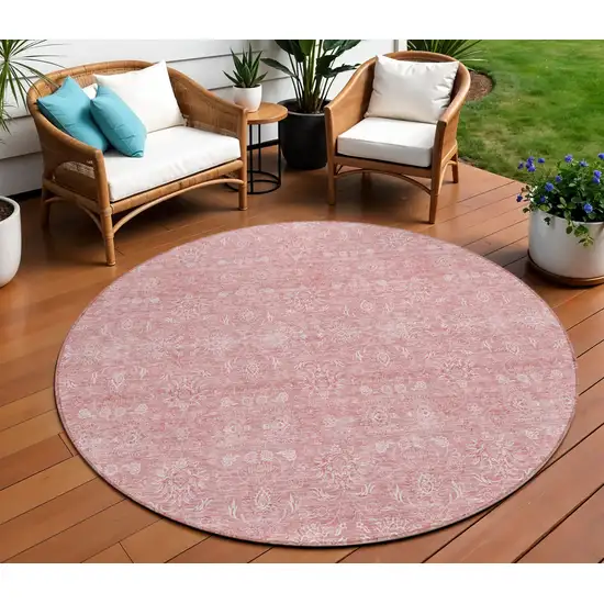 8' Blush Pink And Ivory Round Floral Washable Indoor Outdoor Area Rug Photo 1
