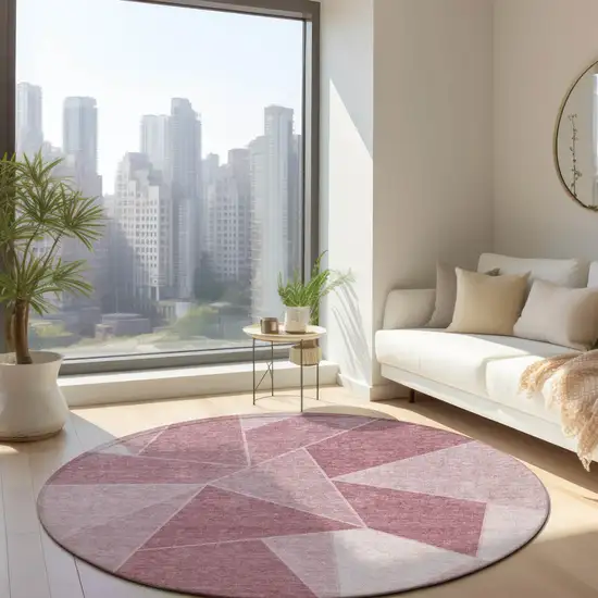 8' Blush Pink And Ivory Round Geometric Washable Indoor Outdoor Area Rug Photo 8