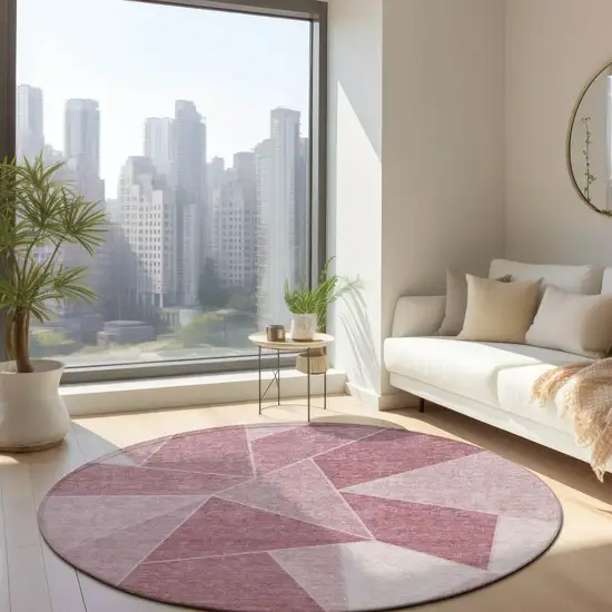 8' Blush Pink And Ivory Round Geometric Washable Indoor Outdoor Area Rug Photo 8