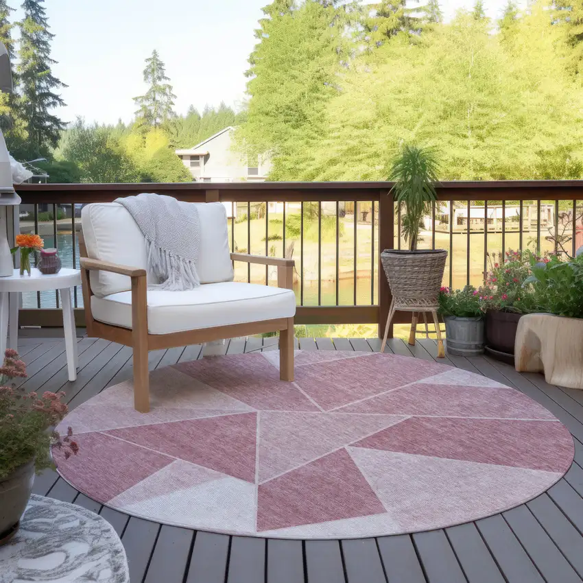 8' Blush Pink And Ivory Round Geometric Washable Indoor Outdoor Area Rug Photo 7
