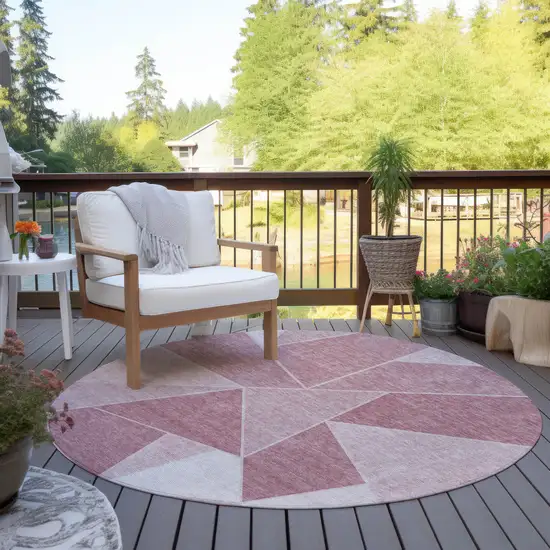 8' Blush Pink And Ivory Round Geometric Washable Indoor Outdoor Area Rug Photo 7