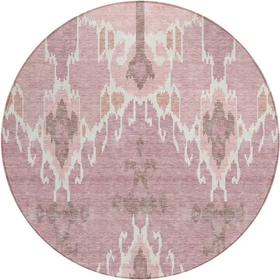 8' Blush Pink And Ivory Round Ikat Washable Indoor Outdoor Area Rug Photo 1