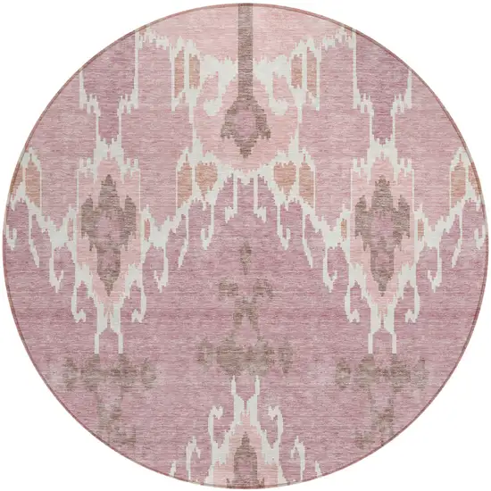 8' Blush Pink And Ivory Round Ikat Washable Indoor Outdoor Area Rug Photo 1