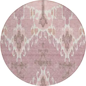 Photo of 8' Blush Pink And Ivory Round Ikat Washable Indoor Outdoor Area Rug