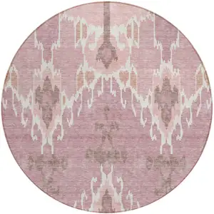 Photo of 8' Blush Pink And Ivory Round Ikat Washable Indoor Outdoor Area Rug