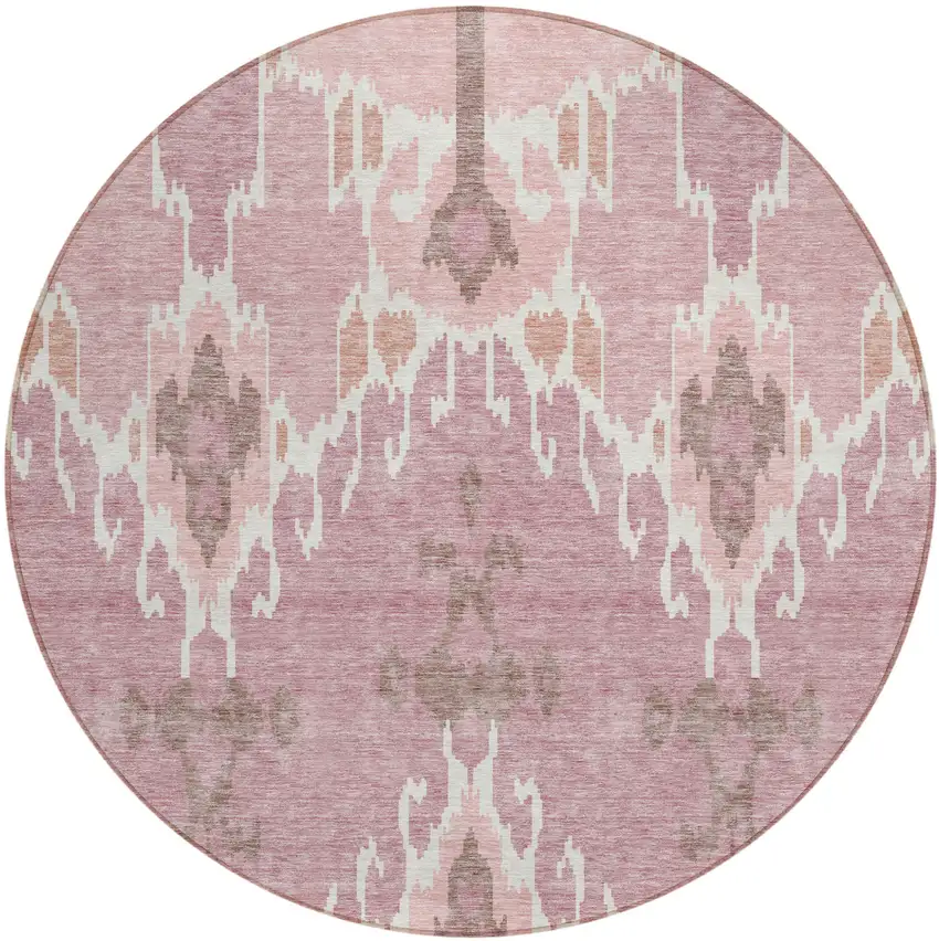 8' Blush Pink And Ivory Round Ikat Washable Indoor Outdoor Area Rug Photo 1