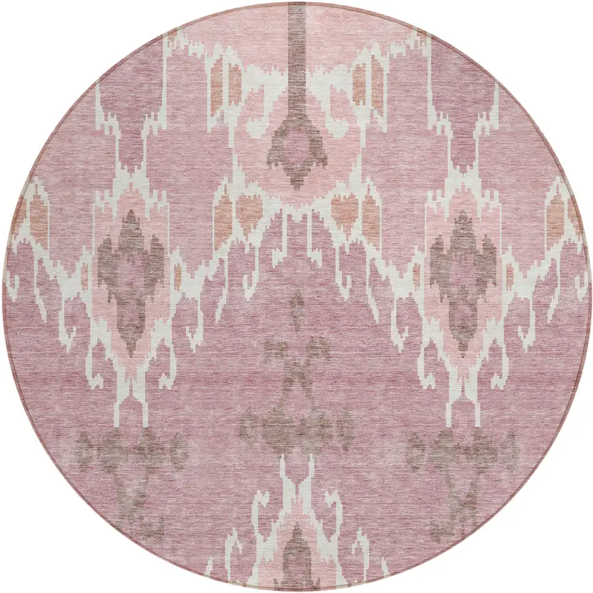 8' Blush Pink And Ivory Round Ikat Washable Indoor Outdoor Area Rug Photo 1