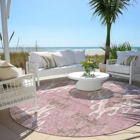 8' Blush Pink And Ivory Round Ikat Washable Indoor Outdoor Area Rug Photo 5