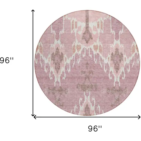 8' Blush Pink And Ivory Round Ikat Washable Indoor Outdoor Area Rug Photo 7