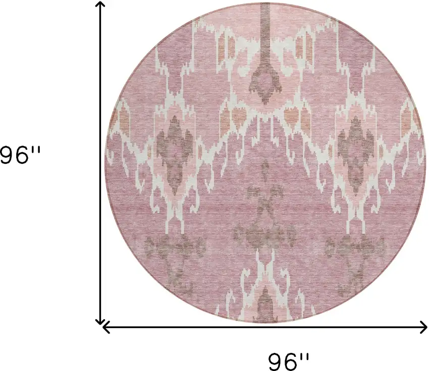 8' Blush Pink And Ivory Round Ikat Washable Indoor Outdoor Area Rug Photo 7