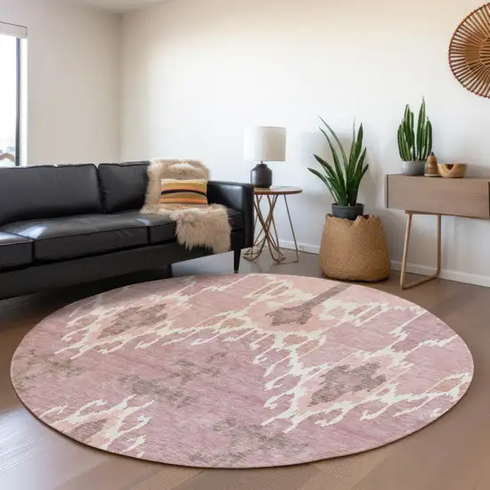 8' Blush Pink And Ivory Round Ikat Washable Indoor Outdoor Area Rug Photo 6