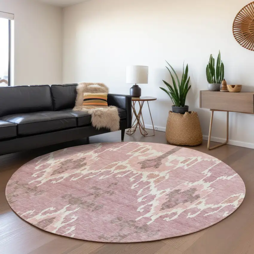 8' Blush Pink And Ivory Round Ikat Washable Indoor Outdoor Area Rug Photo 6