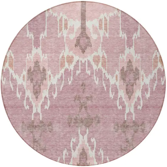 8' Blush Pink And Ivory Round Ikat Washable Indoor Outdoor Area Rug Photo 4