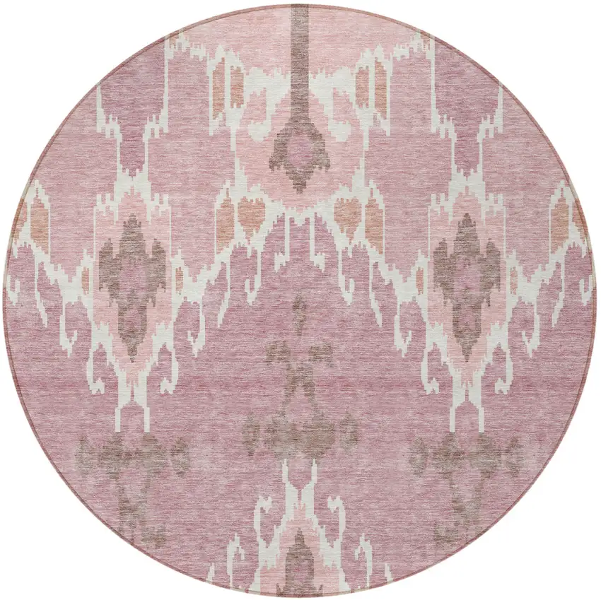 8' Blush Pink And Ivory Round Ikat Washable Indoor Outdoor Area Rug Photo 4