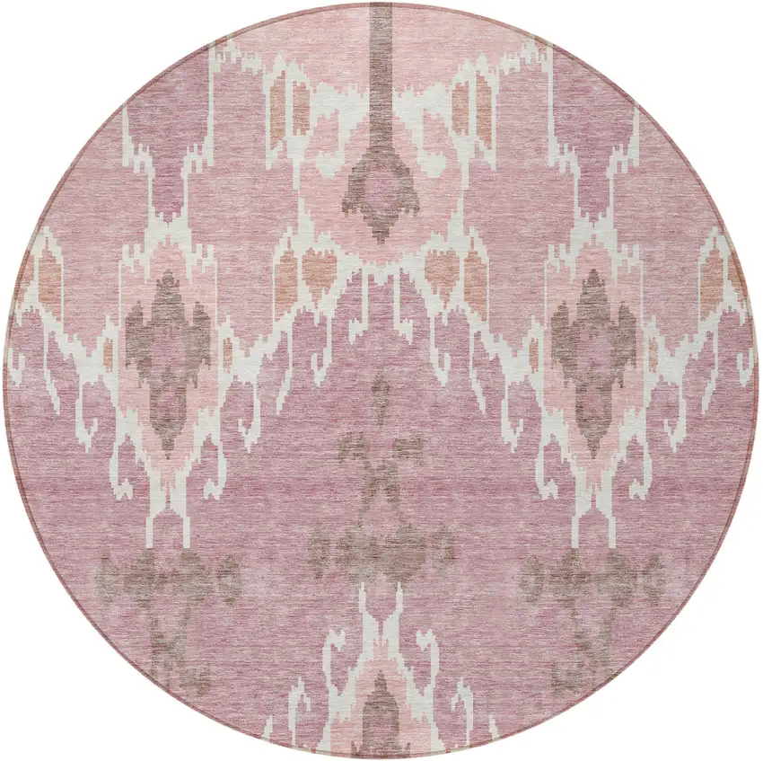 8' Blush Pink And Ivory Round Ikat Washable Indoor Outdoor Area Rug Photo 4
