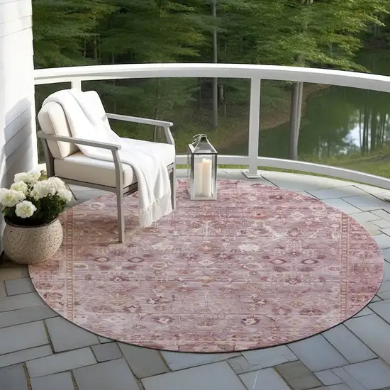 8' Blush Pink And Ivory Round Oriental Washable Indoor Outdoor Area Rug Photo 5