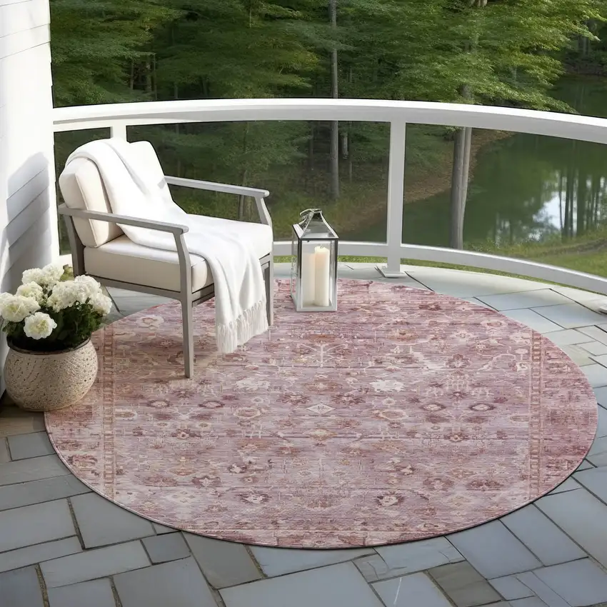 8' Blush Pink And Ivory Round Oriental Washable Indoor Outdoor Area Rug Photo 5