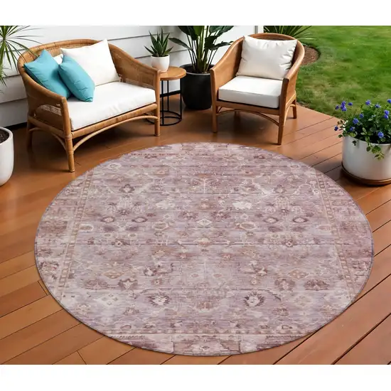 8' Blush Pink And Ivory Round Oriental Washable Indoor Outdoor Area Rug Photo 2