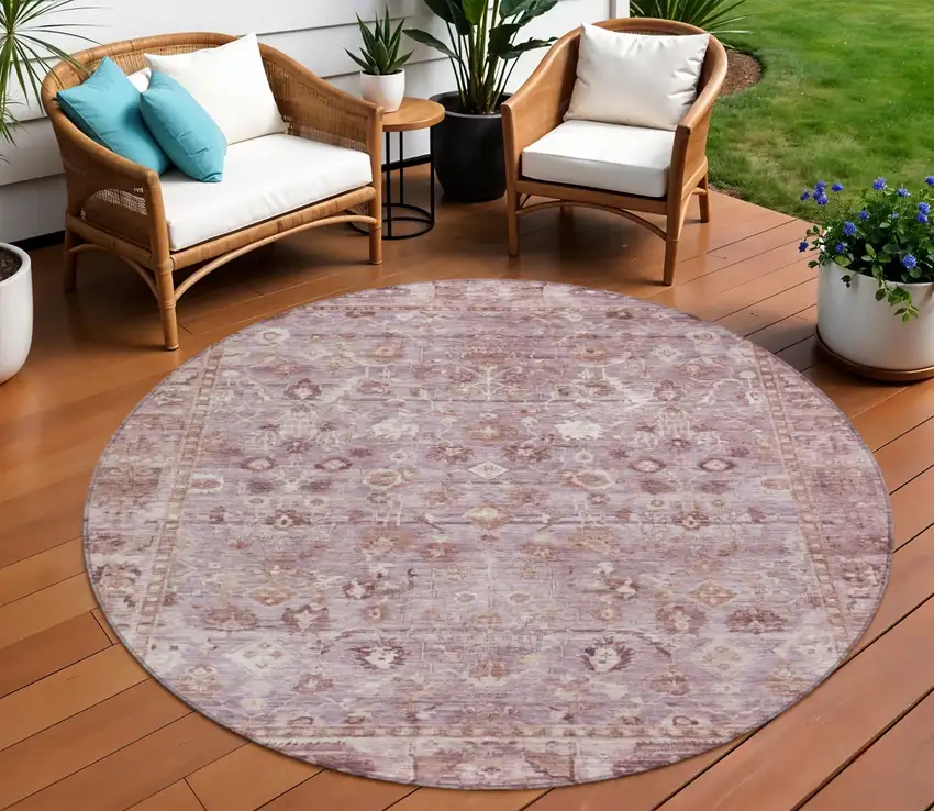 8' Blush Pink And Ivory Round Oriental Washable Indoor Outdoor Area Rug Photo 2