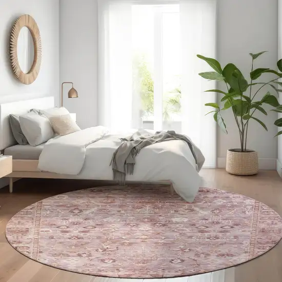8' Blush Pink And Ivory Round Oriental Washable Indoor Outdoor Area Rug Photo 6
