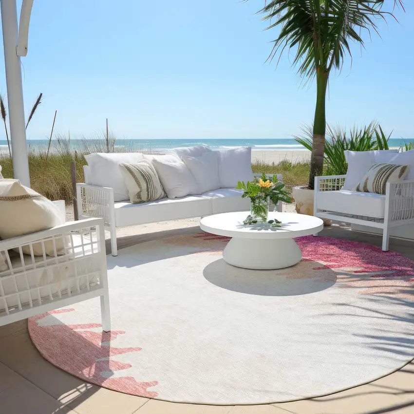 8' Blush Pink And Ivory Round Striped Washable Indoor Outdoor Area Rug Photo 7