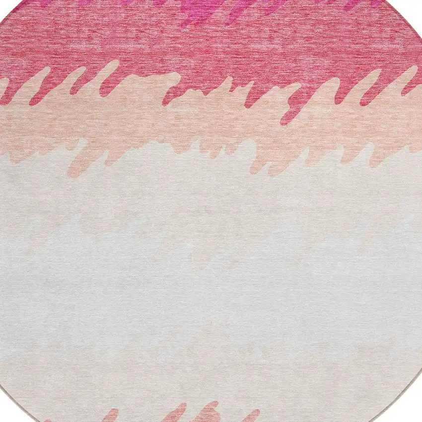 8' Blush Pink And Ivory Round Striped Washable Indoor Outdoor Area Rug Photo 5