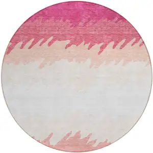 Photo of 8' Blush Pink And Ivory Round Striped Washable Indoor Outdoor Area Rug