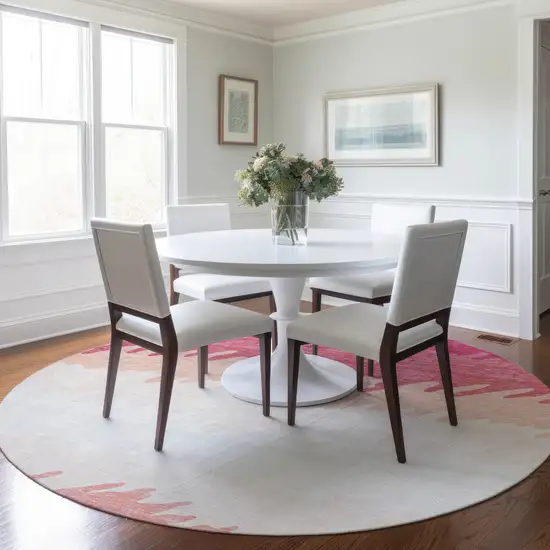 8' Blush Pink And Ivory Round Striped Washable Indoor Outdoor Area Rug Photo 8