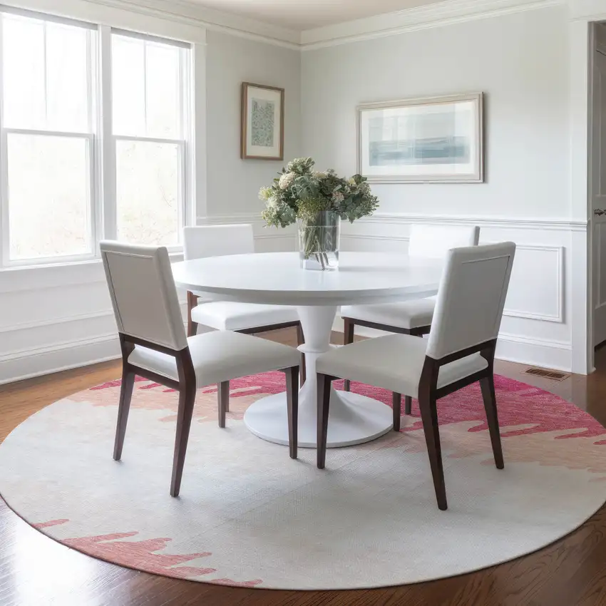8' Blush Pink And Ivory Round Striped Washable Indoor Outdoor Area Rug Photo 8