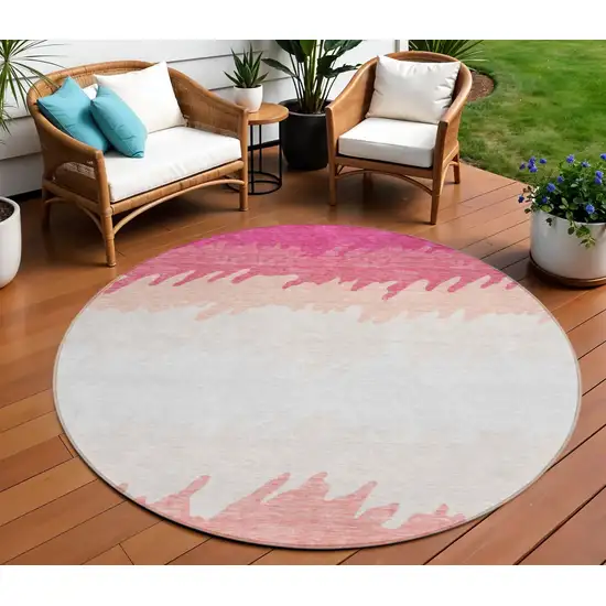 8' Blush Pink And Ivory Round Striped Washable Indoor Outdoor Area Rug Photo 1
