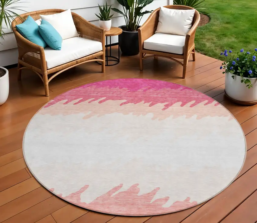 8' Blush Pink And Ivory Round Striped Washable Indoor Outdoor Area Rug Photo 1