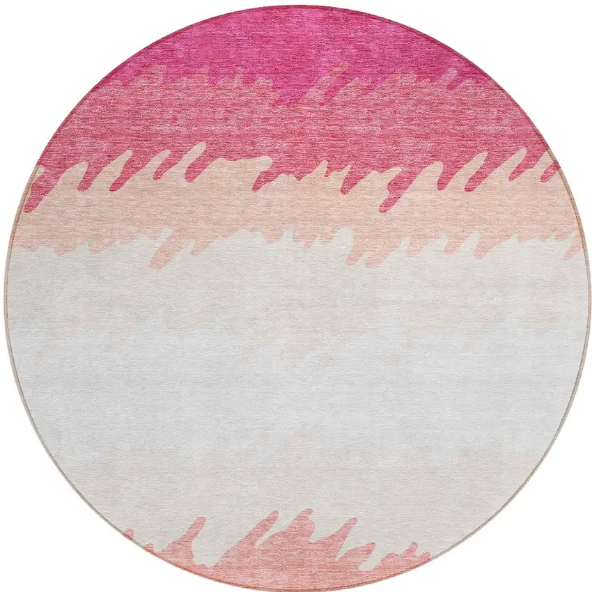 8' Blush Pink And Ivory Round Striped Washable Indoor Outdoor Area Rug Photo 6