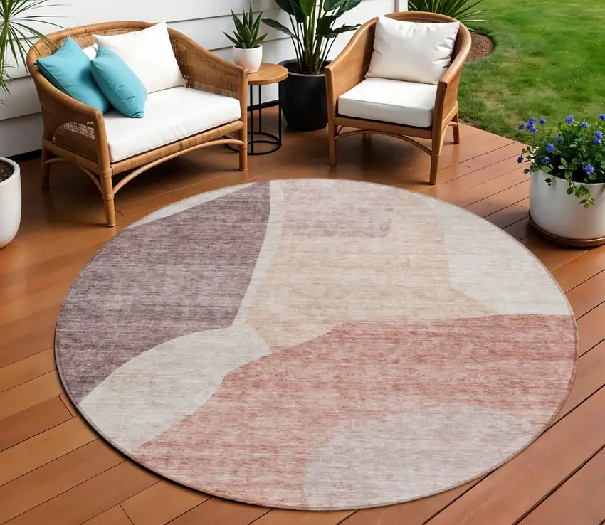 8' Blush Pink And Mauve Round Abstract Washable Indoor Outdoor Area Rug Photo 1