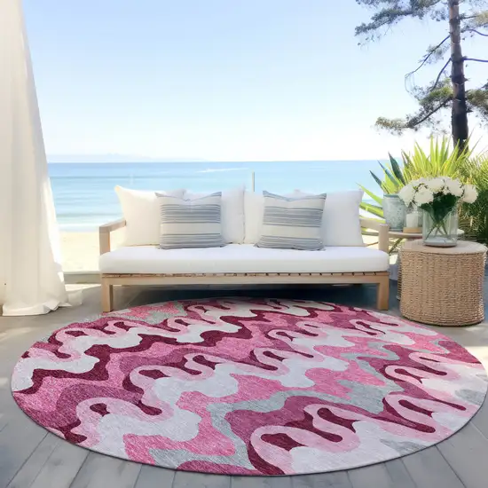 8' Blush Pink And Mauve Round Abstract Washable Indoor Outdoor Area Rug Photo 6